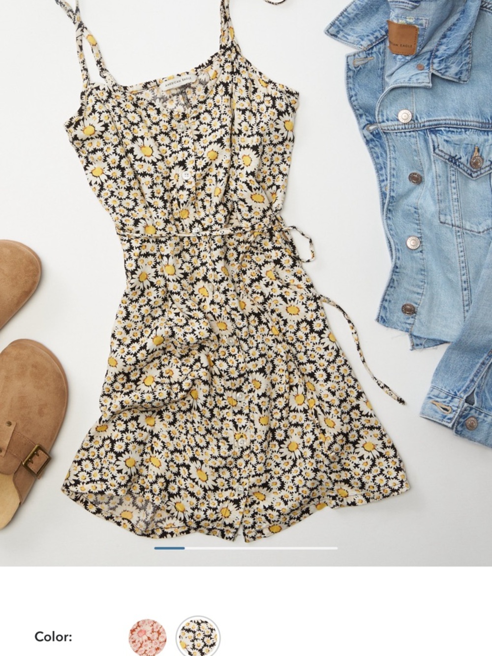 American Eagle Black Yellow Floral Daisy Short Skater Summer Button Up Dress